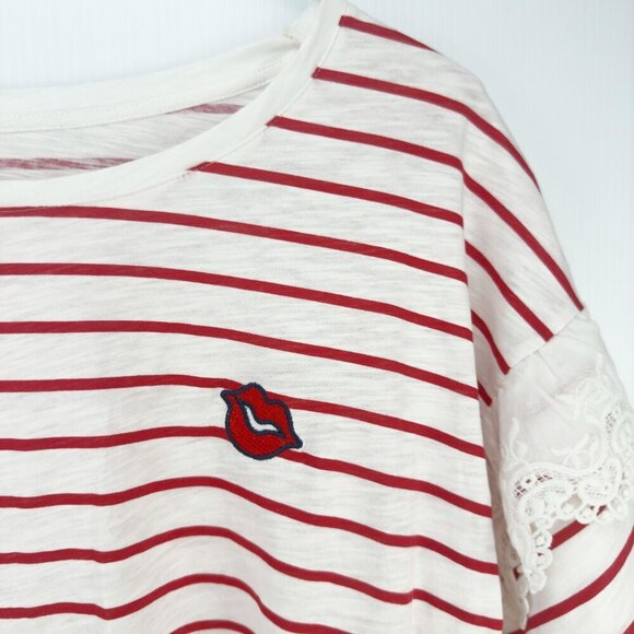 OUI Striped Cotton Summer Red & White T-Shirt W/Lace Embroided Boat Round Size 8 - Picture 8 of 13